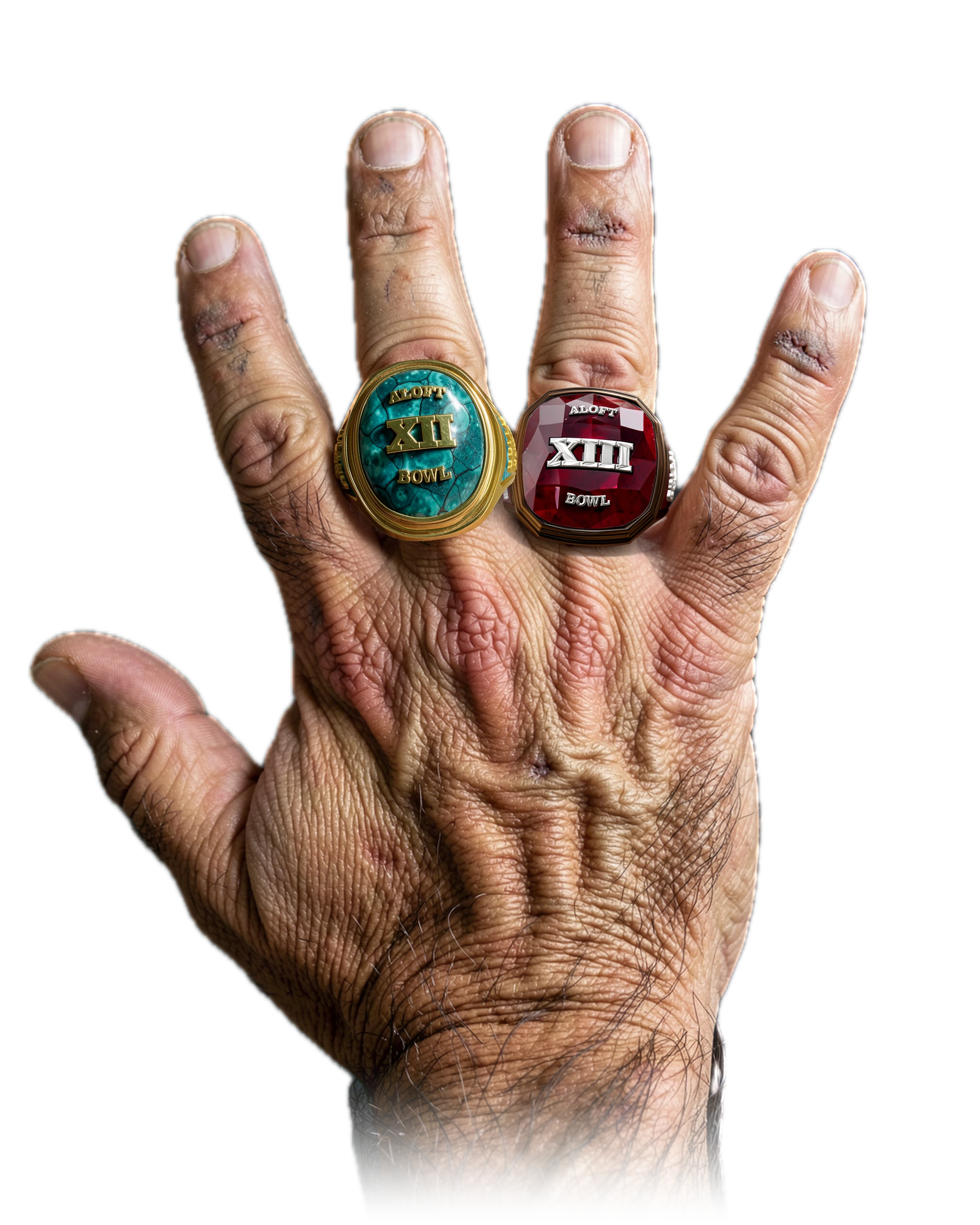 Brian Pugh's 2 ALOFT Bowl championship rings, worn on one hand