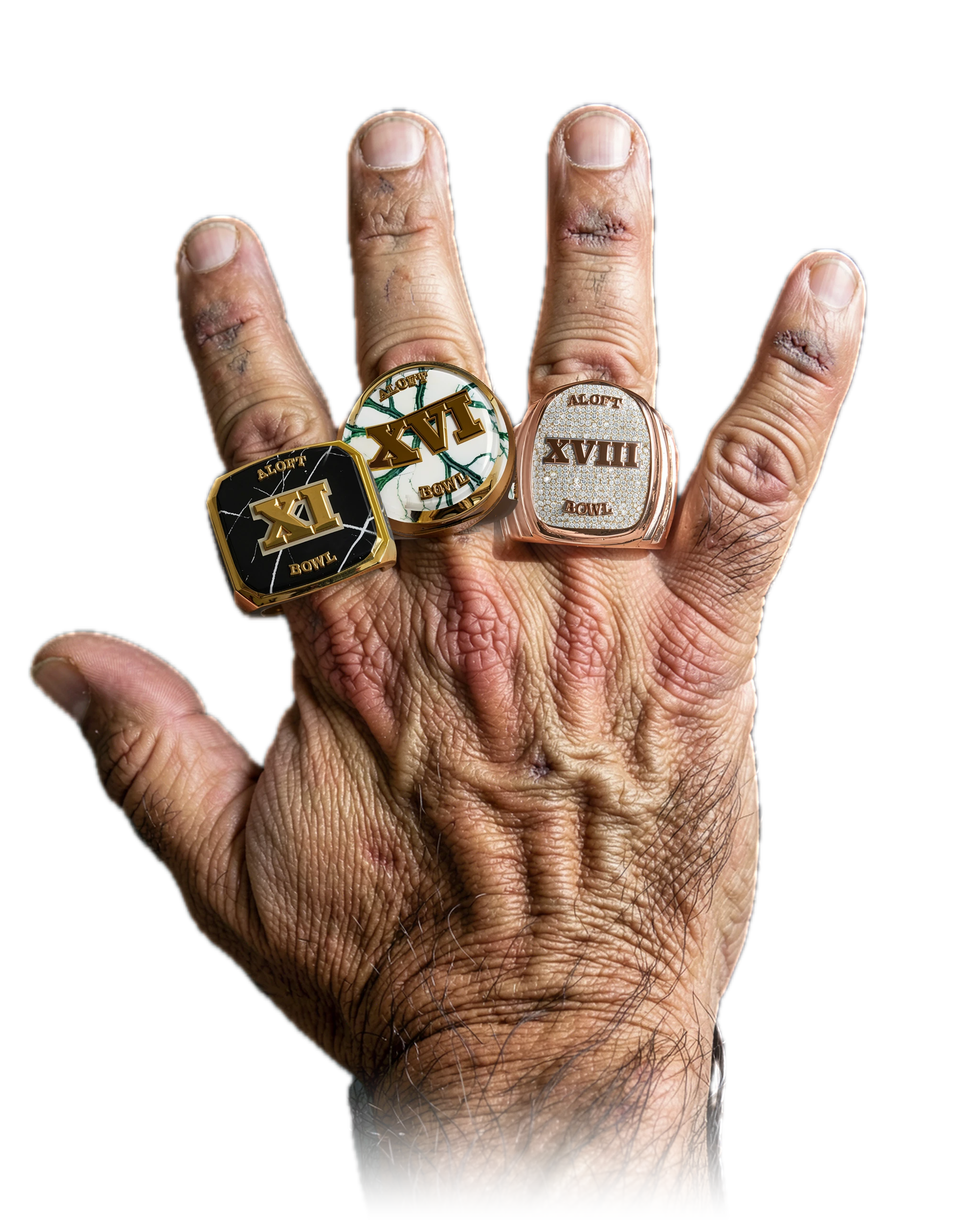 Kevin Herndon's 3 ALOFT Bowl championship rings, worn on one hand