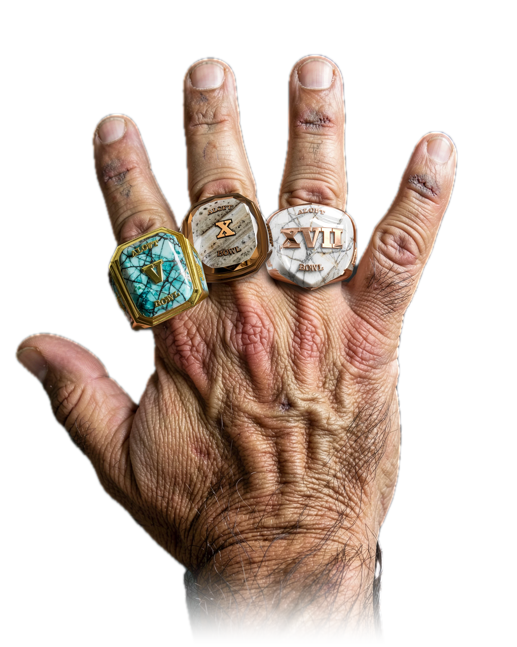 Mike Pugh's 3 ALOFT Bowl championship rings, worn on one hand