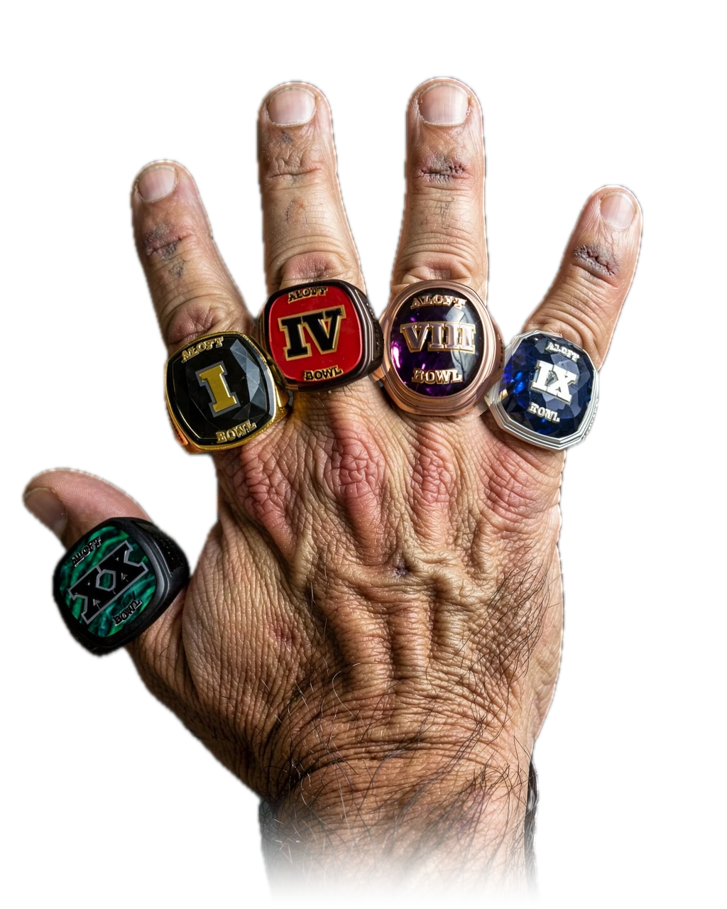 Terry Herndon's 5 ALOFT Bowl championship rings, worn on one hand